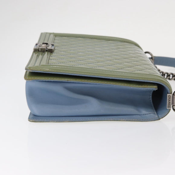 CHANEL Chain Boy Chanel Shoulder Bag Patent leather Green Blue CC Auth 152239