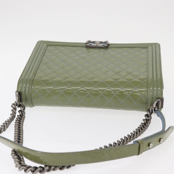 CHANEL Chain Boy Chanel Shoulder Bag Patent leather Green Blue CC Auth 152239