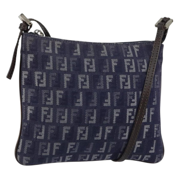 FENDI Zucchino Canvas Shoulder Bag Navy Silver Auth 152243