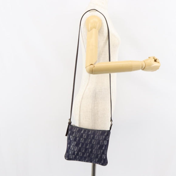 FENDI Zucchino Canvas Shoulder Bag Navy Silver Auth 152243