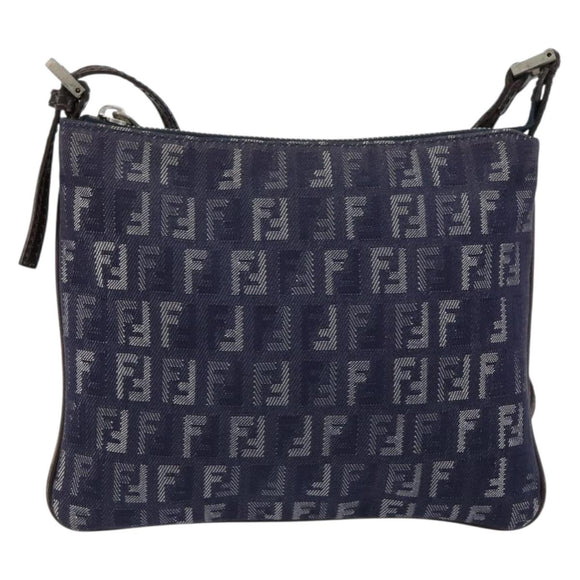 FENDI Zucchino Canvas Shoulder Bag Navy Silver Auth 152243