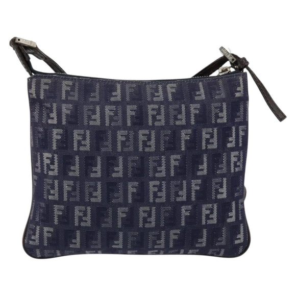 FENDI Zucchino Canvas Shoulder Bag Navy Silver Auth 152243