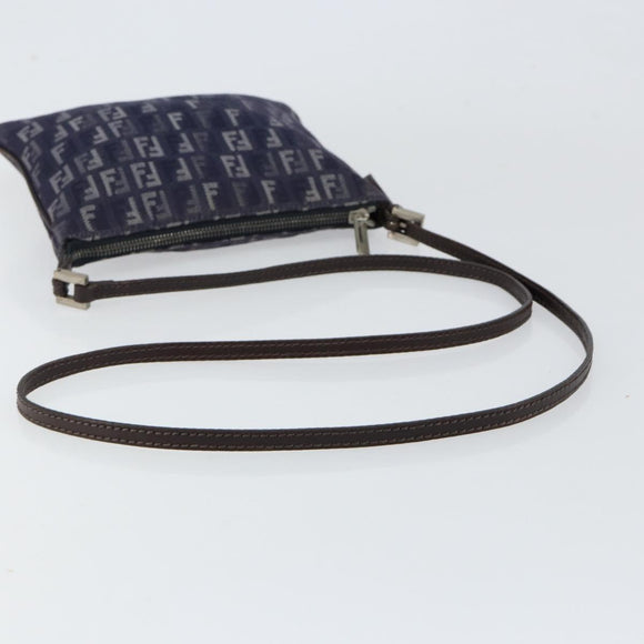 FENDI Zucchino Canvas Shoulder Bag Navy Silver Auth 152243