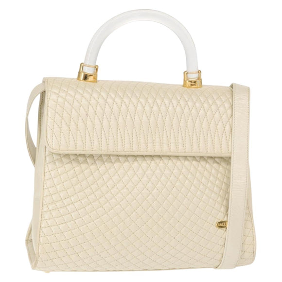 BALLY Quilted Hand Bag Leather Plastic 2way Cream Gold Auth 152255