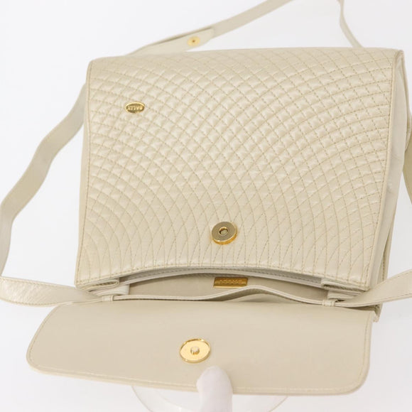 BALLY Quilted Hand Bag Leather Plastic 2way Cream Gold Auth 152255