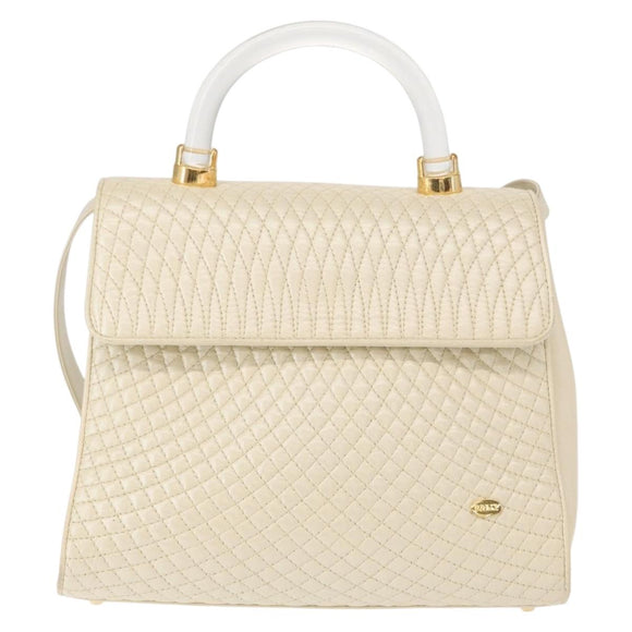 BALLY Quilted Hand Bag Leather Plastic 2way Cream Gold Auth 152255