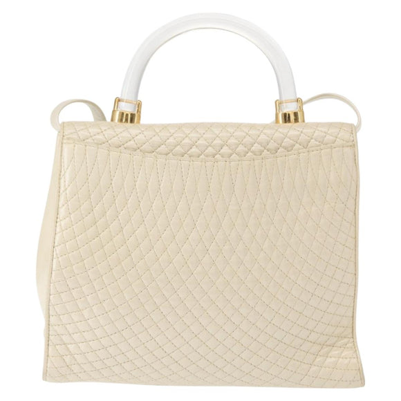 BALLY Quilted Hand Bag Leather Plastic 2way Cream Gold Auth 152255