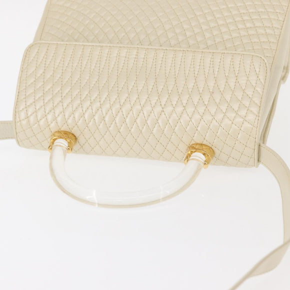 BALLY Quilted Hand Bag Leather Plastic 2way Cream Gold Auth 152255