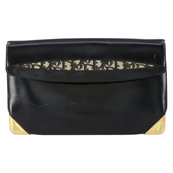 Christian Dior Trotter Canvas Clutch Bag Leather Black Gold Auth 152263
