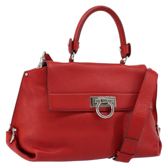Salvatore Ferragamo Gancini Hand Bag Leather 2way Red Silver Auth 152277