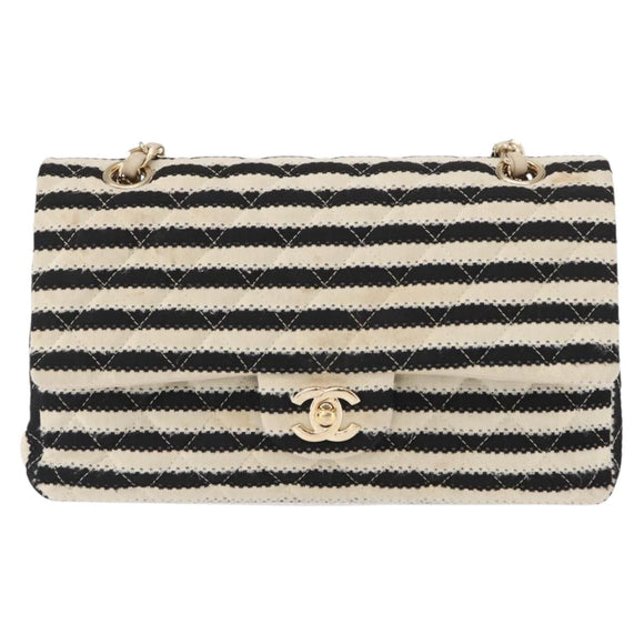 CHANEL Matelasse Chain Double Flap Chain Bag Knitted White CC Auth 152291SAV