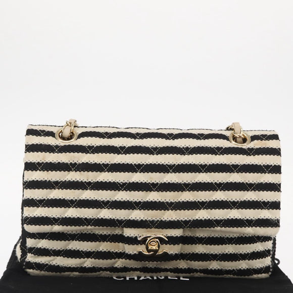 CHANEL Matelasse Chain Double Flap Chain Bag Knitted White CC Auth 152291SAV