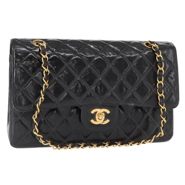 CHANEL Matelasse Double Flap Chain Bag Patent leather Black Gold CC Auth 152292V