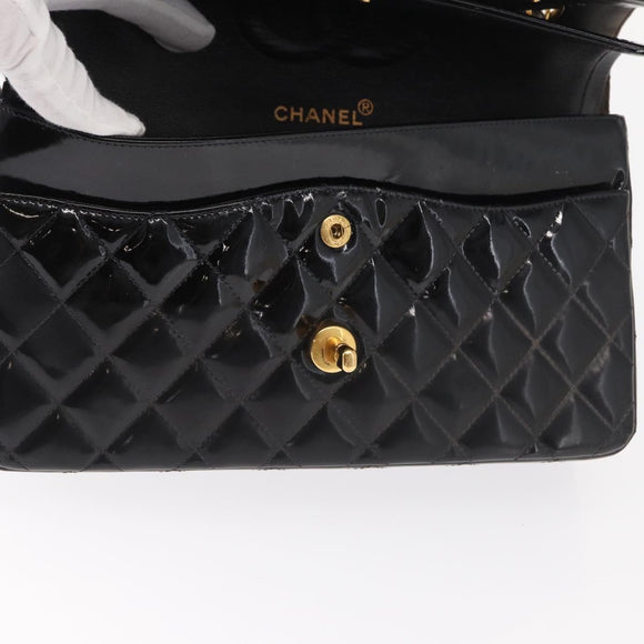 CHANEL Matelasse Double Flap Chain Bag Patent leather Black Gold CC Auth 152292V
