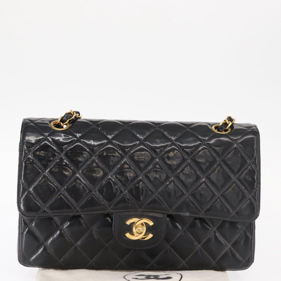 CHANEL Matelasse Double Flap Chain Bag Patent leather Black Gold CC Auth 152292V