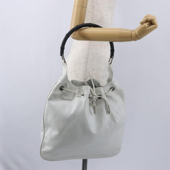 GUCCI Bamboo Shoulder Bag Leather White Silver 001 4006 2404 Auth 152366