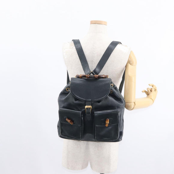 GUCCI Bamboo Backpack Leather Navy Gold 003 2058 0016 Auth 152368