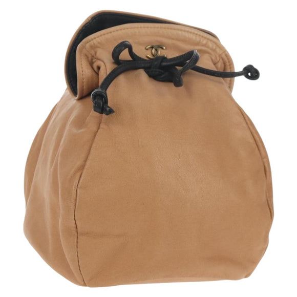 CHANEL Purse Hand Bag Lamb Skin Beige CC Auth 152370A