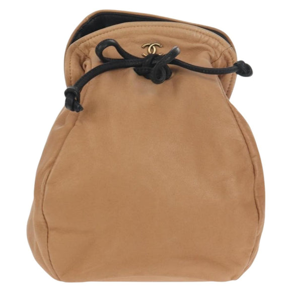 CHANEL Purse Hand Bag Lamb Skin Beige CC Auth 152370A