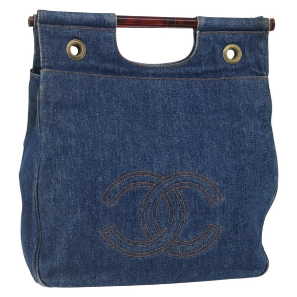CHANEL Hand Bag Denim Blue Gold CC Auth 152373