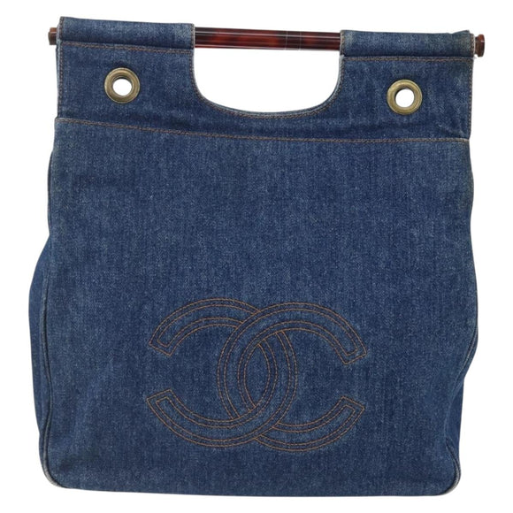 CHANEL Hand Bag Denim Blue Gold CC Auth 152373