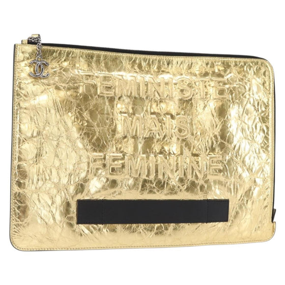 CHANEL Clutch Bag Leather Gold CC Auth 152375SM
