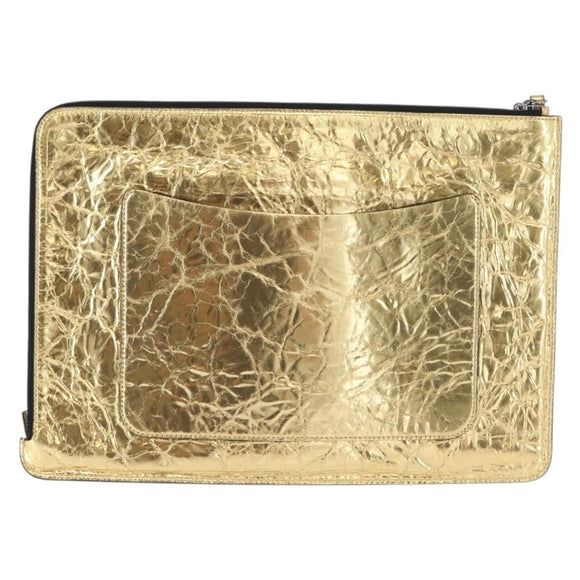 CHANEL Clutch Bag Leather Gold CC Auth 152375SM
