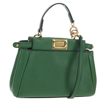 FENDI Micro Peek A Boo Hand Bag Leather Gold Green Auth 152379V