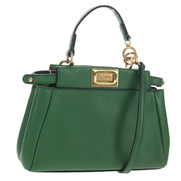 FENDI Micro Peek A Boo Hand Bag Leather Gold Green Auth 152379V