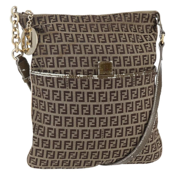 FENDI Zucchino Canvas Shoulder Bag Beige Gold Auth 152382