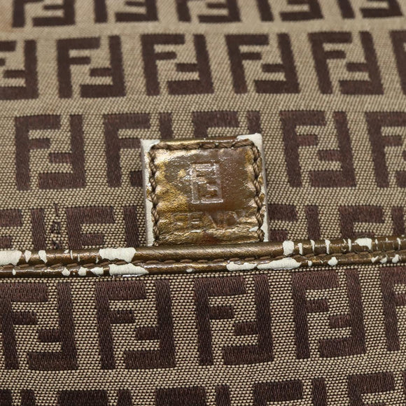 FENDI Zucchino Canvas Shoulder Bag Beige Gold Auth 152382