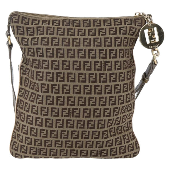 FENDI Zucchino Canvas Shoulder Bag Beige Gold Auth 152382