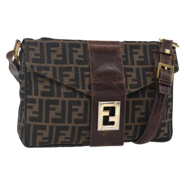 FENDI Zucca Canvas Shoulder Bag Black Brown Auth 152383