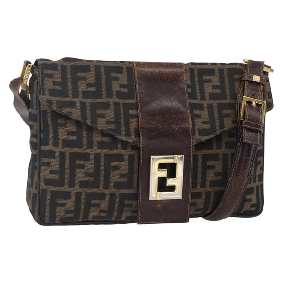 FENDI Zucca Canvas Shoulder Bag Black Brown Auth 152383