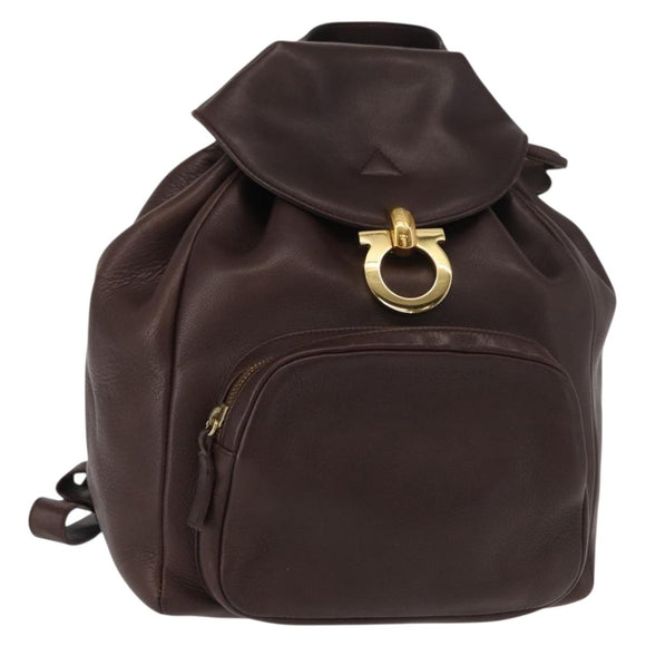 Salvatore Ferragamo Gancini Backpack Leather Brown Gold Auth 152386