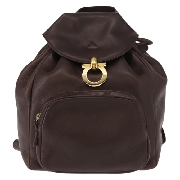 Salvatore Ferragamo Gancini Backpack Leather Brown Gold Auth 152386