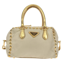 PRADA Hand Bag Nylon Leather Gold Auth 152398A - 0
