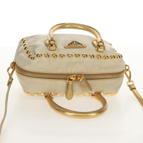 PRADA Hand Bag Nylon Leather Gold Auth 152398A