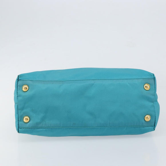 PRADA Hand Bag Nylon Turquoise Blue Gold Auth 152401