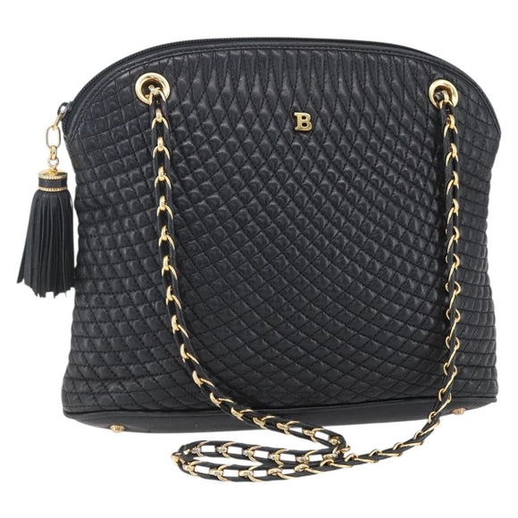 BALLY Chain Shoulder Bag Leather Black Gold Auth 152403
