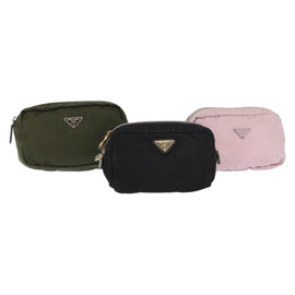 PRADA Pouch Nylon Canvas 3 Set Black Pink khaki Auth 152422