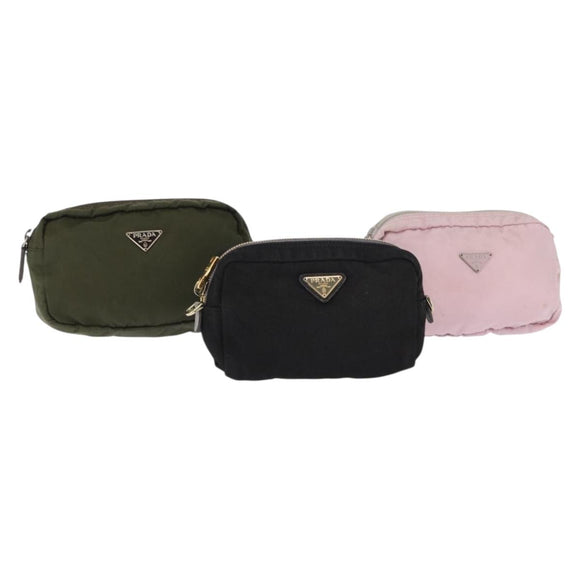 PRADA Pouch Nylon Canvas 3 Set Black Pink khaki Auth 152422