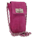 CHANEL Choco Bar Line Chain Phone Case Suede Purple Silver CC Auth 152423-1