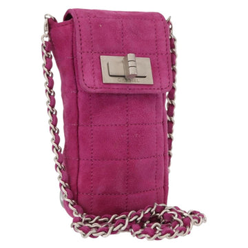 CHANEL Choco Bar Line Chain Phone Case Suede Purple Silver CC Auth 152423