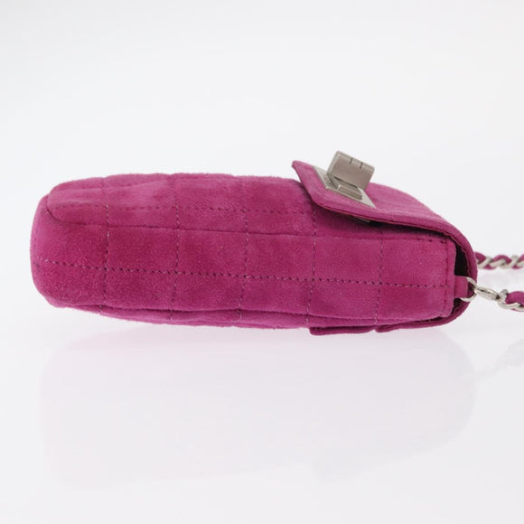 CHANEL Choco Bar Line Chain Phone Case Suede Purple Silver CC Auth 152423