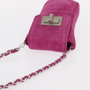 CHANEL Choco Bar Line Chain Phone Case Suede Purple Silver CC Auth 152423-6