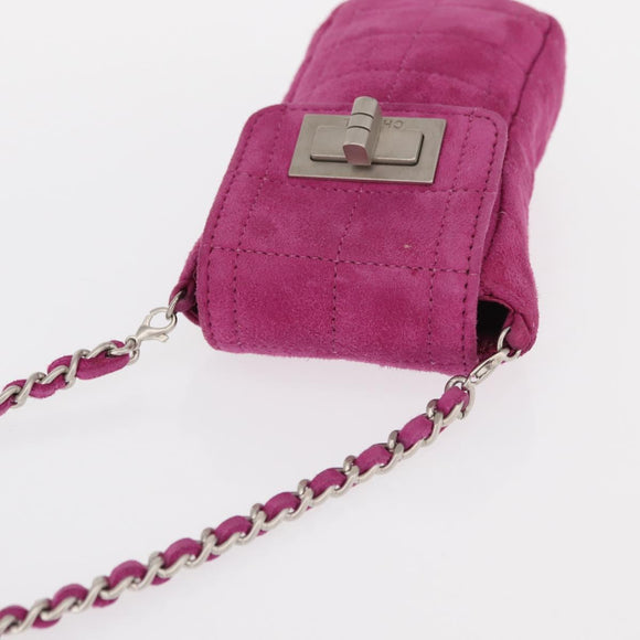 CHANEL Choco Bar Line Chain Phone Case Suede Purple Silver CC Auth 152423