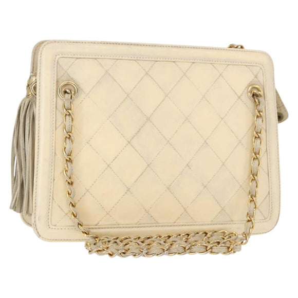 CHANEL Matelasse Chain Shoulder Bag Lamb Skin Beige Gold CC Auth 152441