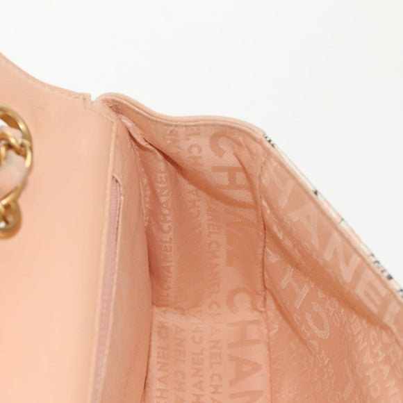 CHANEL Choco Bar Line Chain Bag Leather Cotton Beige Gold CC Auth 152448V