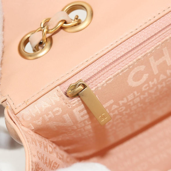 CHANEL Choco Bar Line Chain Bag Leather Cotton Beige Gold CC Auth 152448V